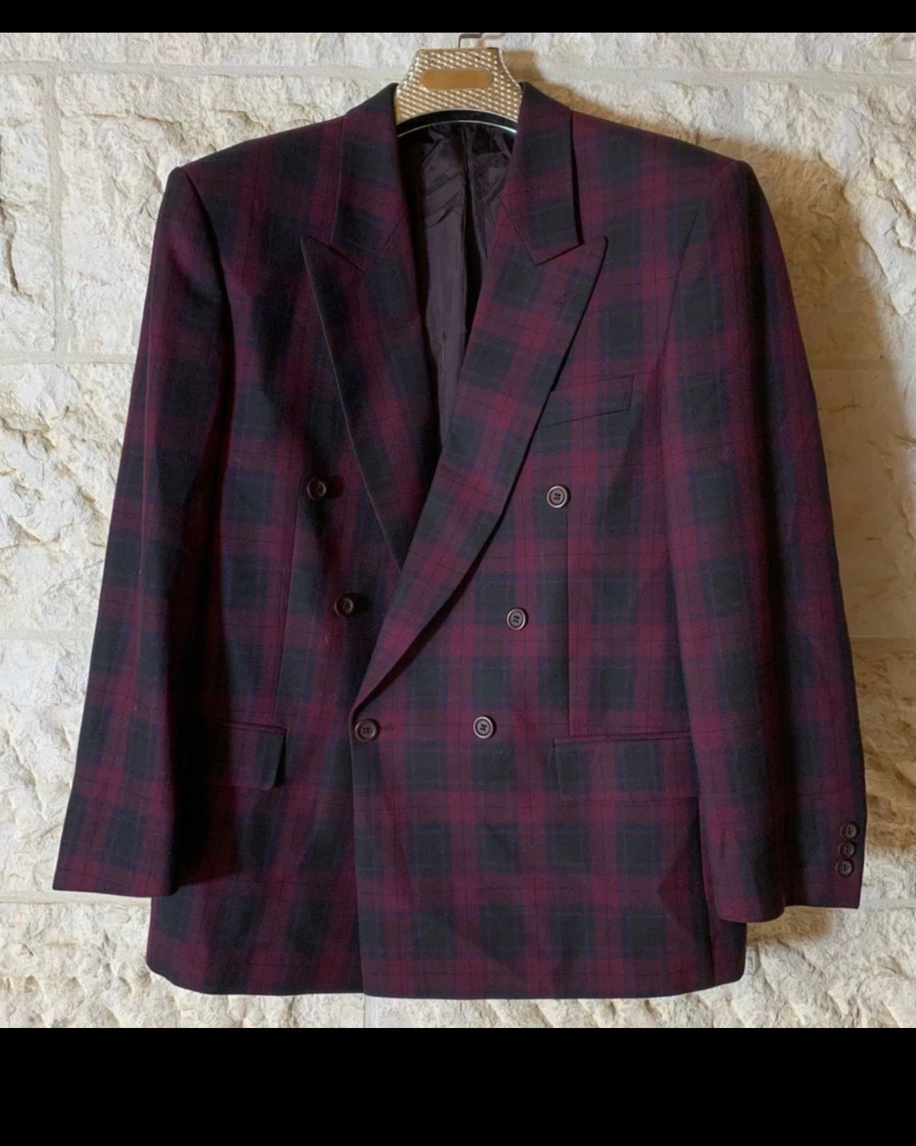 Vintage wool blend Windowpane plaid double breasted classic jacket blazer 40R