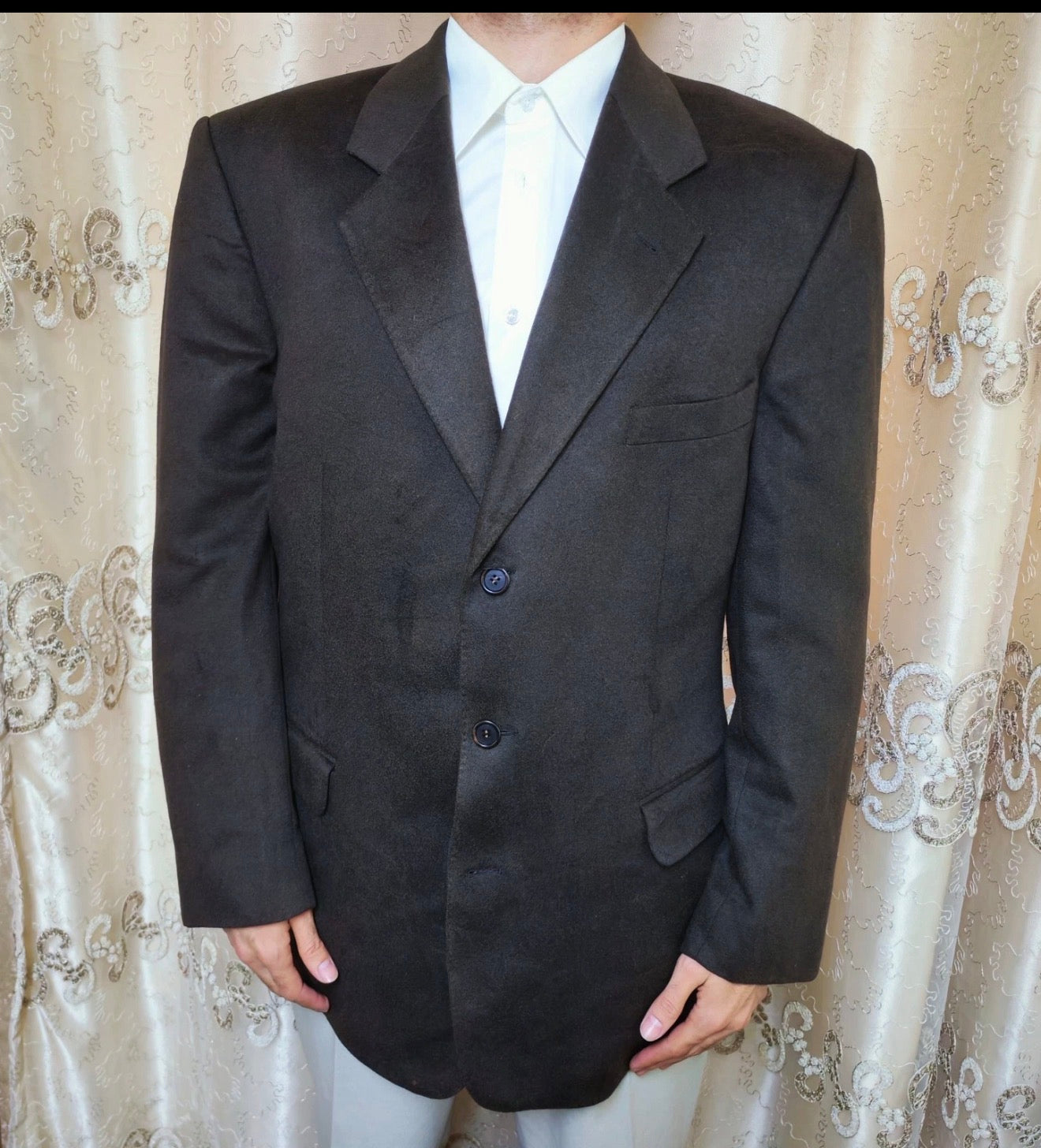 Vintage 100% pure cashmere classic 3 button brown suit jacket blazer 42R
