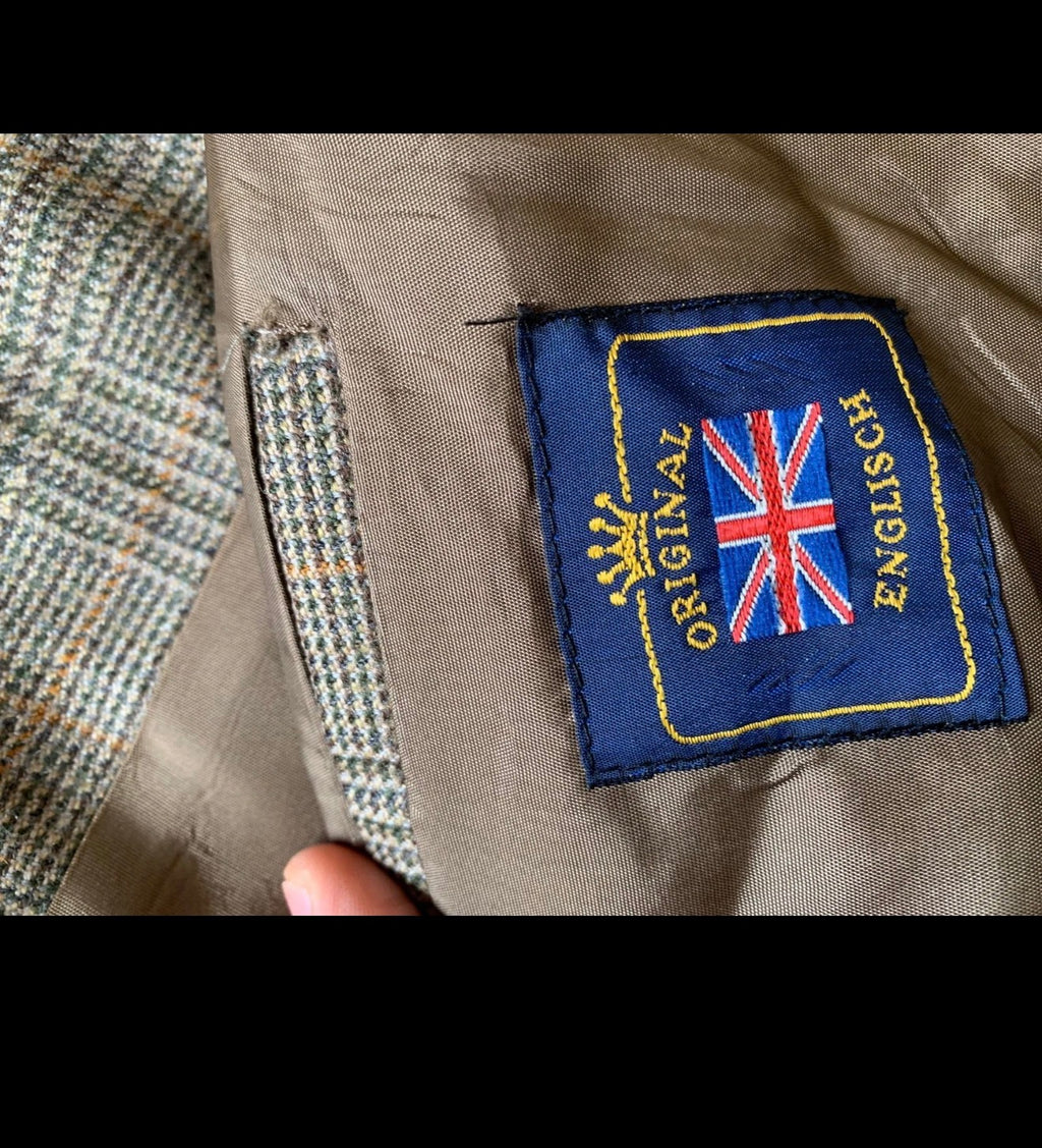 Vintage pure wool tweed glen check classic Brown hunting jacket blazer 44R