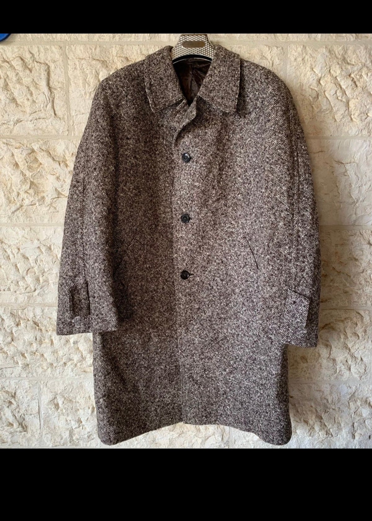 1970s vintage pure wool handwoven tweed brown classic over coat 46R 46L XL