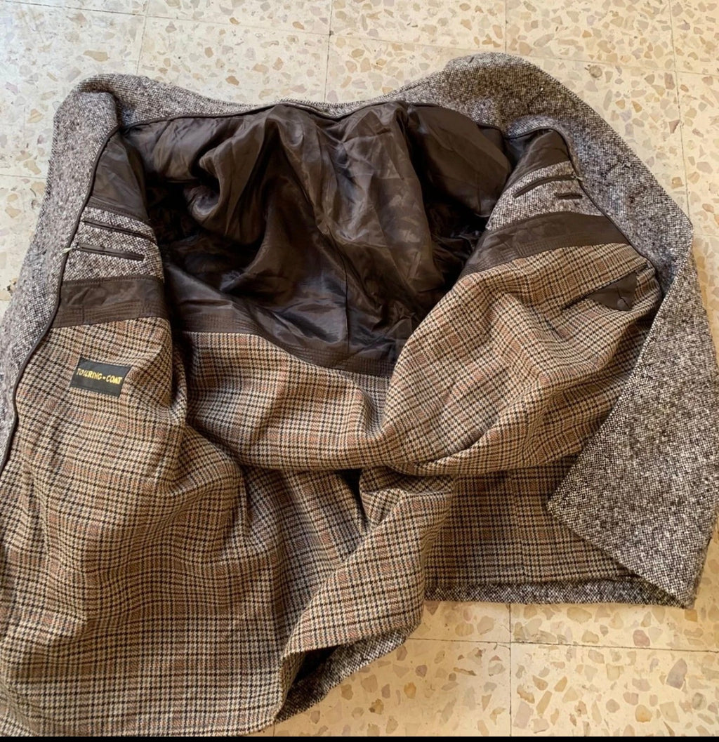 1970s vintage pure wool handwoven tweed brown classic over coat 46R 46L XL