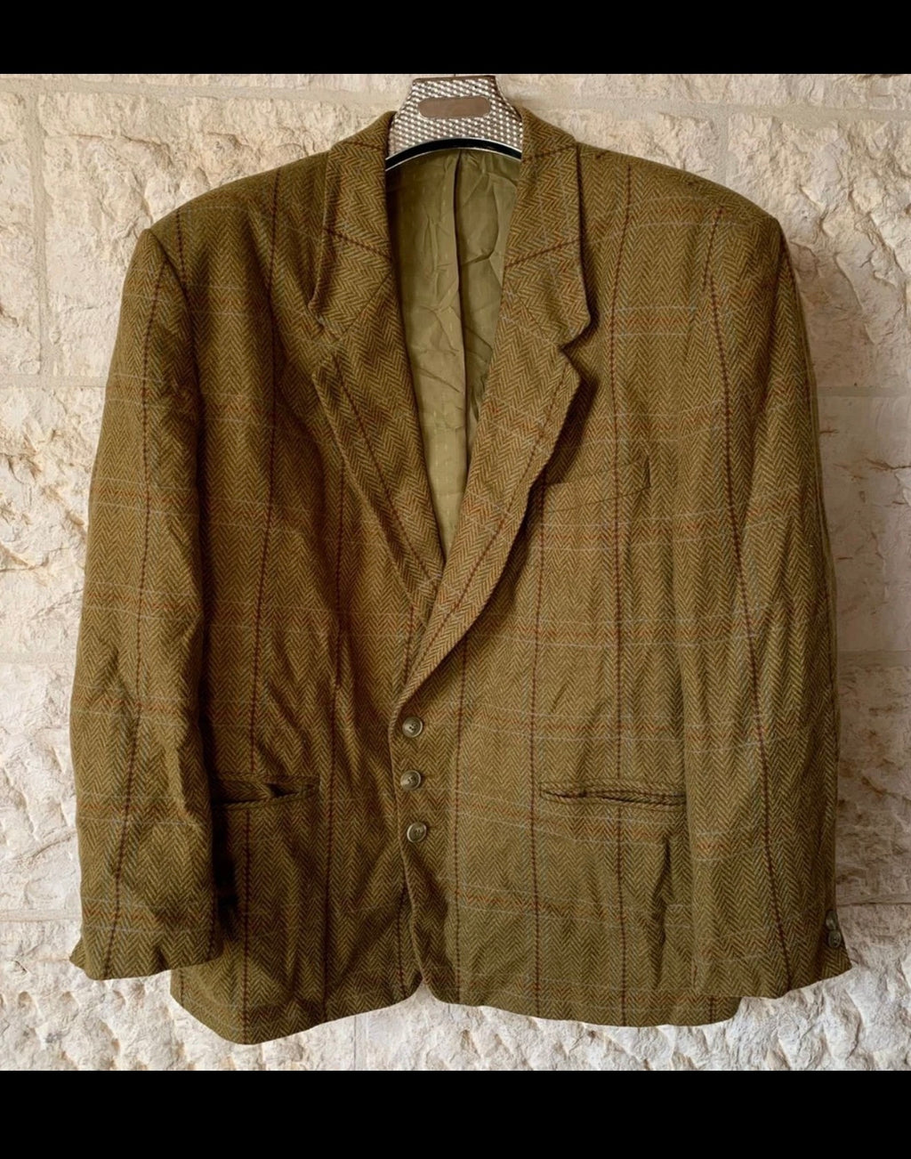 Vintage pure wool Windowpane classic green hunting jacket blazer 48R XL