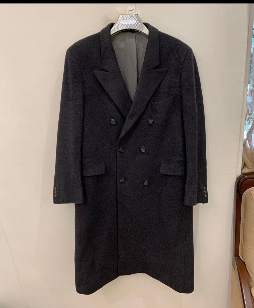 Vintage Wool Cashmere blend double breasted gangster Charcoal over coat 44R L