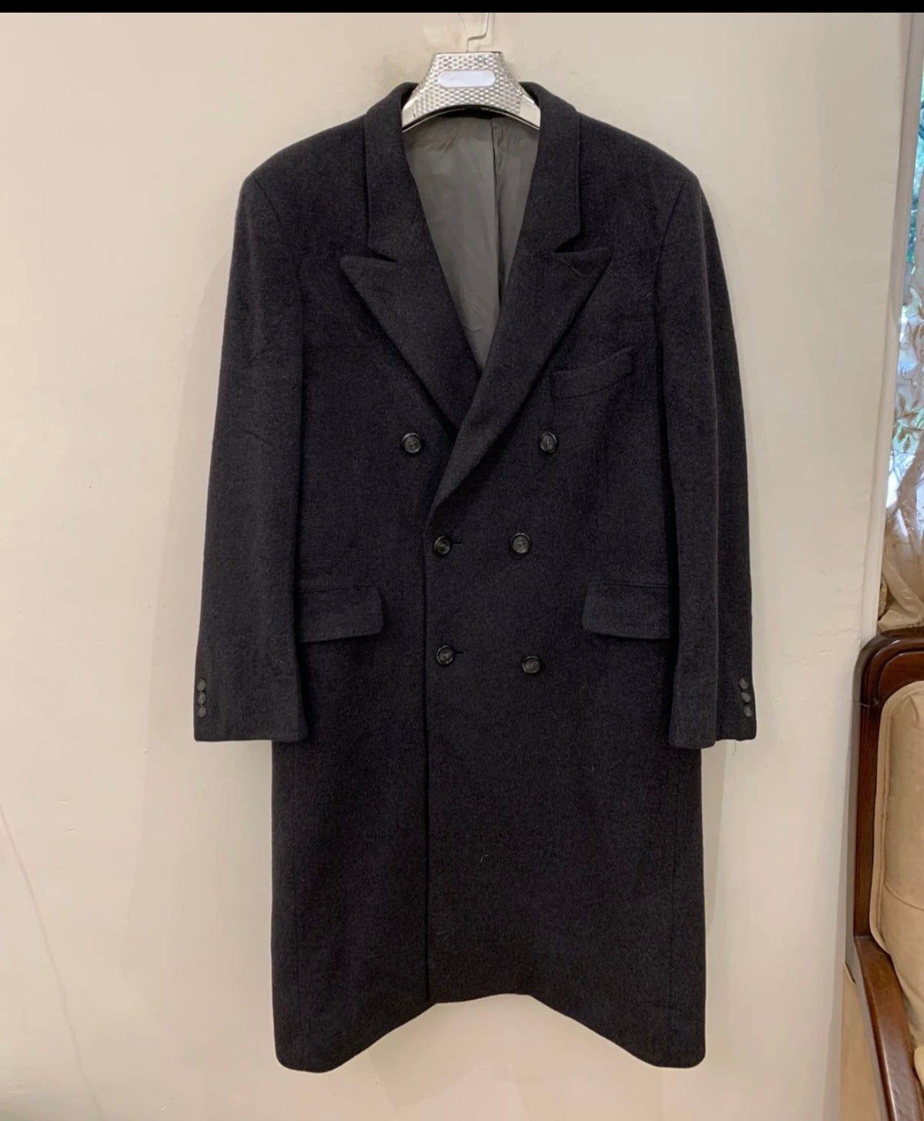 Vintage Wool Cashmere blend double breasted gangster Charcoal over coat 44R L