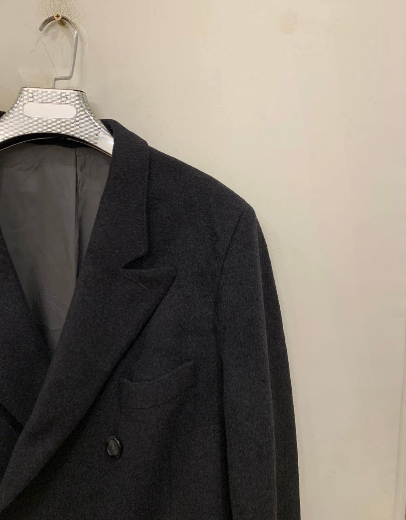 Vintage Wool Cashmere blend double breasted gangster Charcoal over coat 44R L