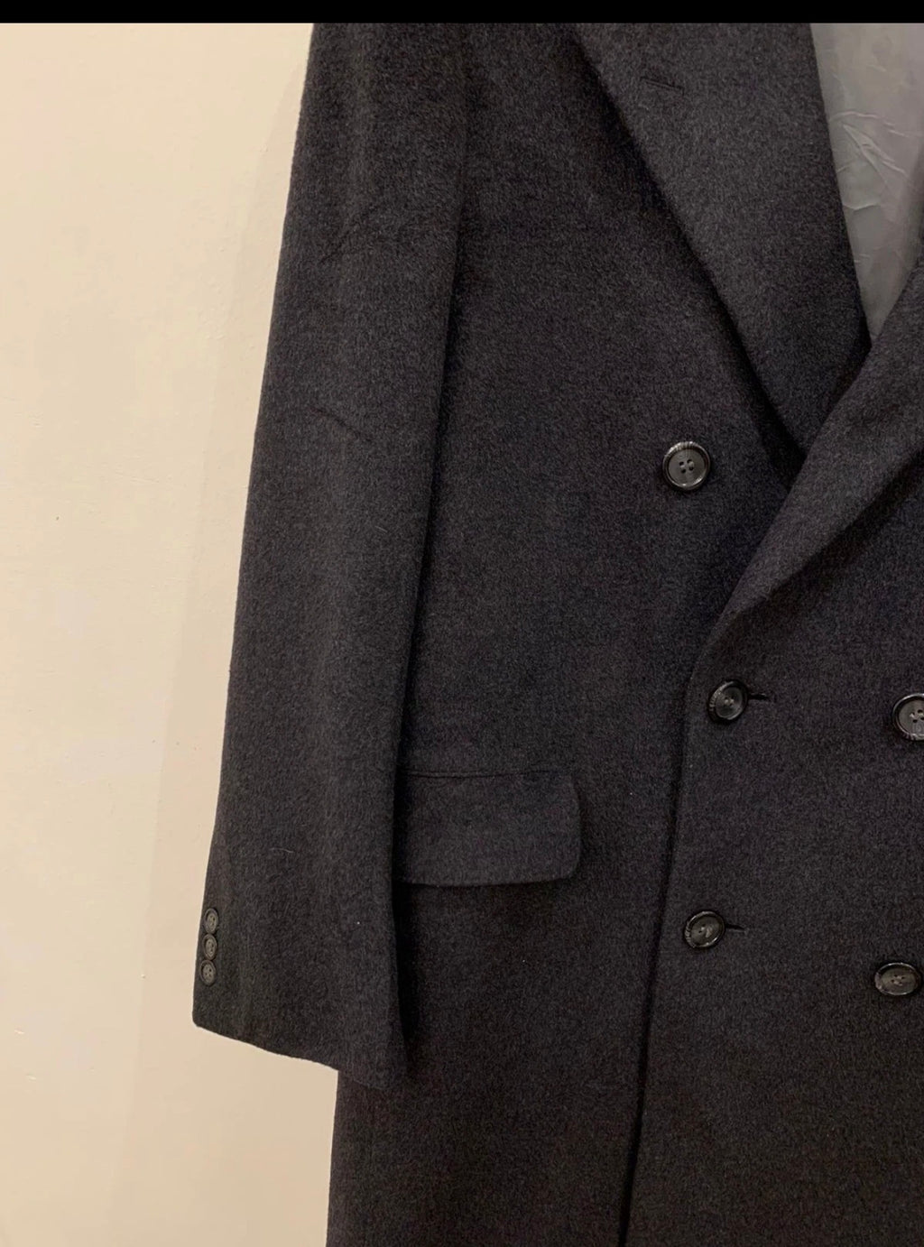 Vintage Wool Cashmere blend double breasted gangster Charcoal over coat 44R L