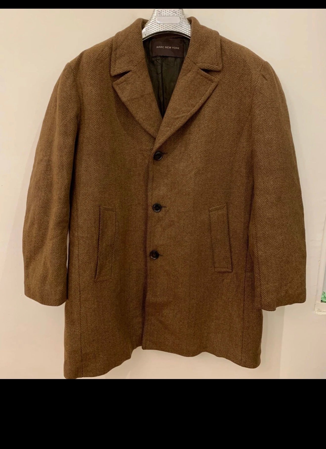 Classic style wool blend tweed herringbone brown over coat 46R 46L