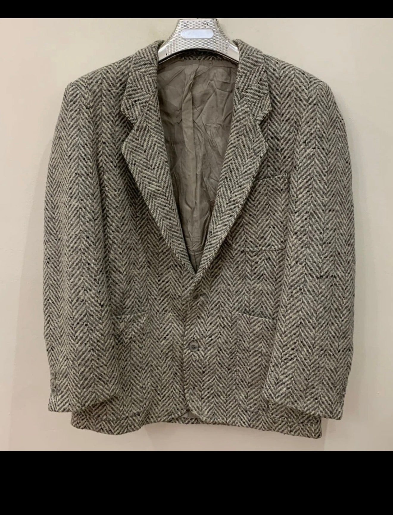 Vintage pure wool handwoven Tweed herringbone gray hunting jacket blazer 40R