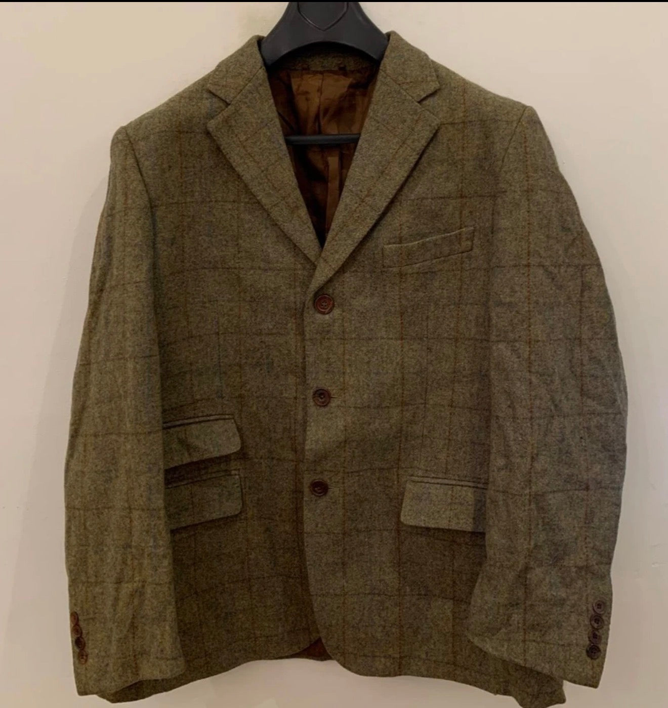 Vintage pure wool handwoven Tweed Windowpane green hunting jacket blazer 42R