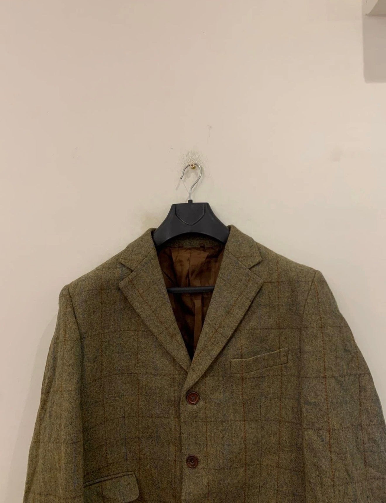 Vintage pure wool handwoven Tweed Windowpane green hunting jacket blazer 42R