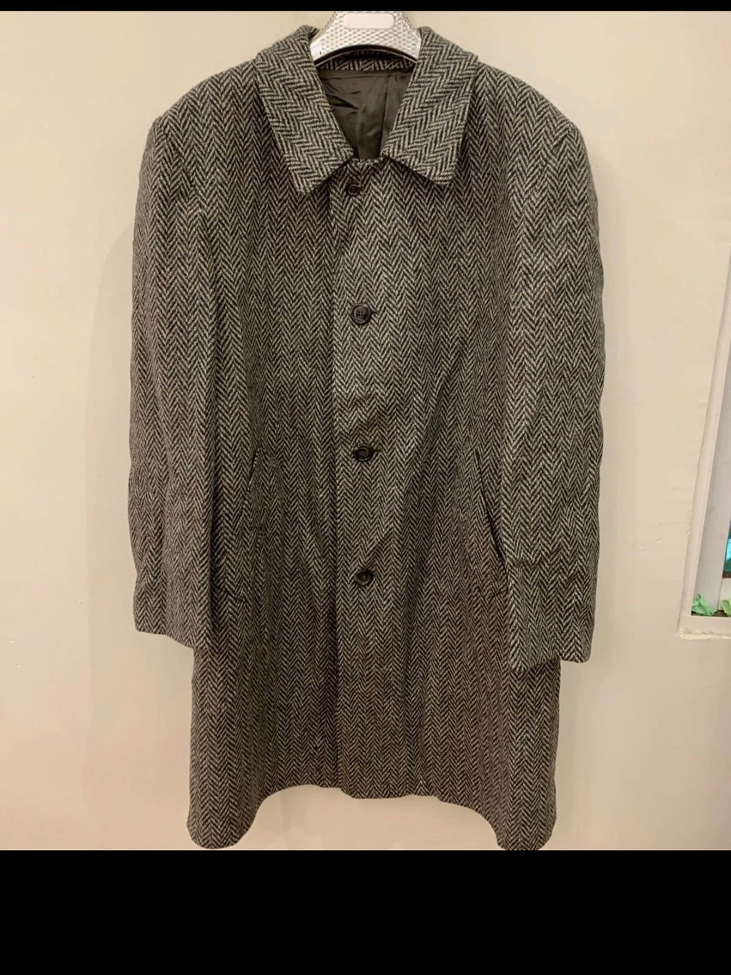 1970s Vintage pure wool handwoven tweed herringbone classic over coat 48R 48L XL