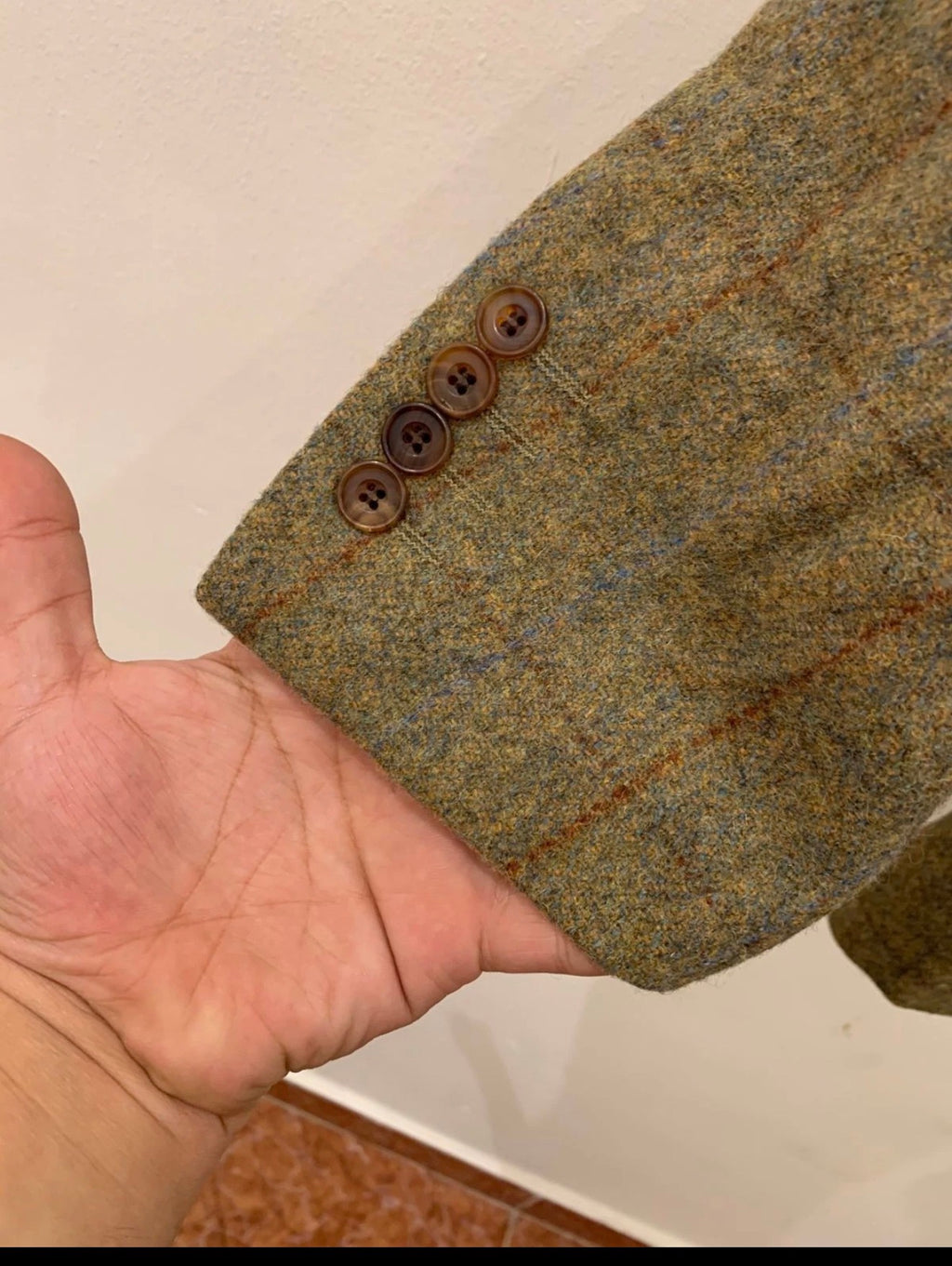 Vintage pure wool handwoven Tweed Windowpane green hunting jacket blazer 42R