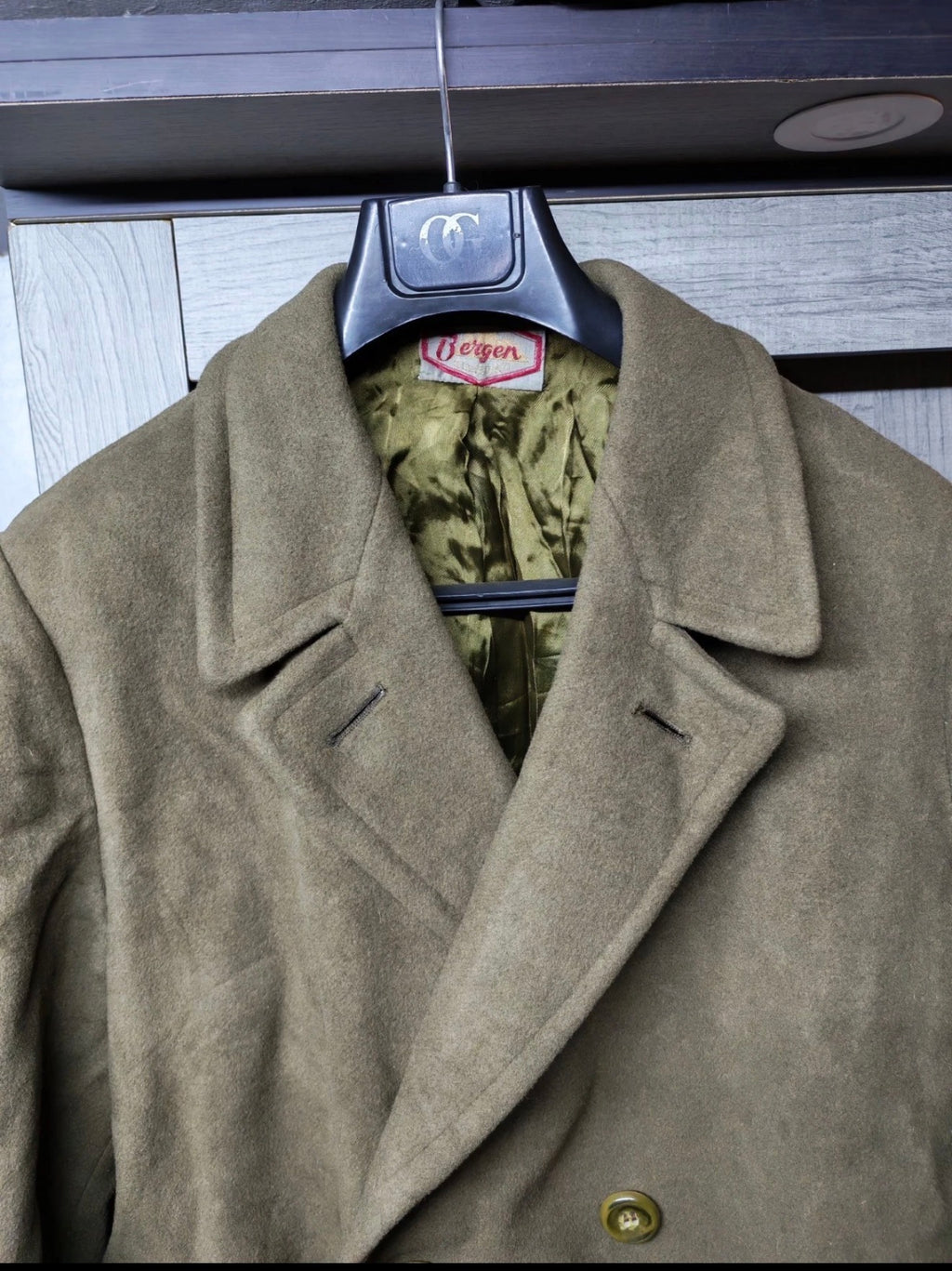 1970s Vintage Pure woollen Wool double breasted belted green over coat 48R XL