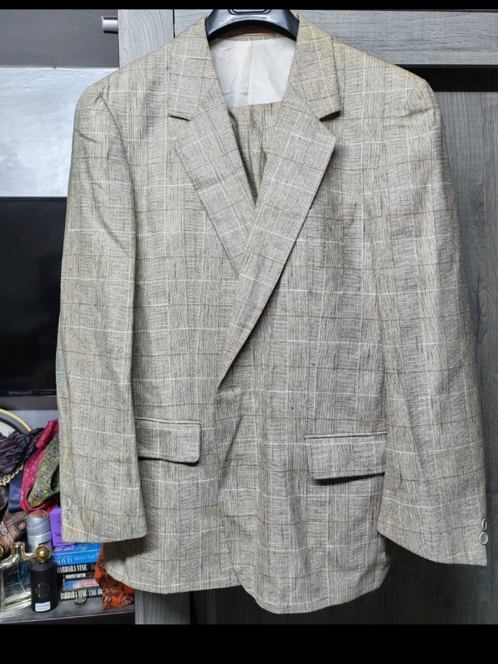 Vintage wool silk cotton linen Windowpane beige brown classic suit 44R