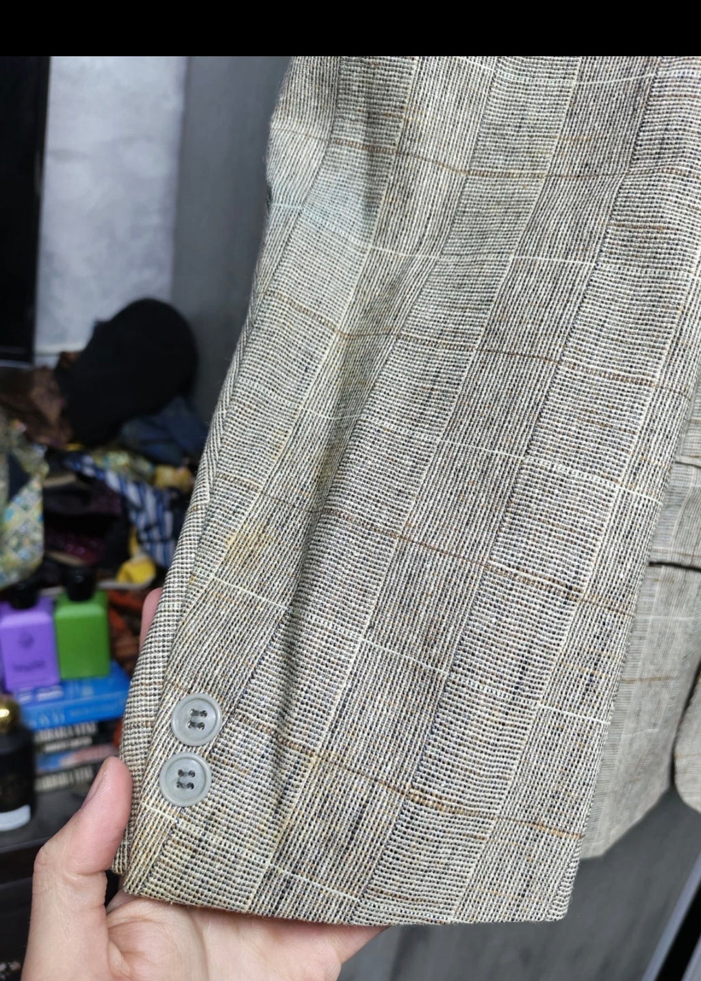Vintage wool silk cotton linen Windowpane beige brown classic suit 44R