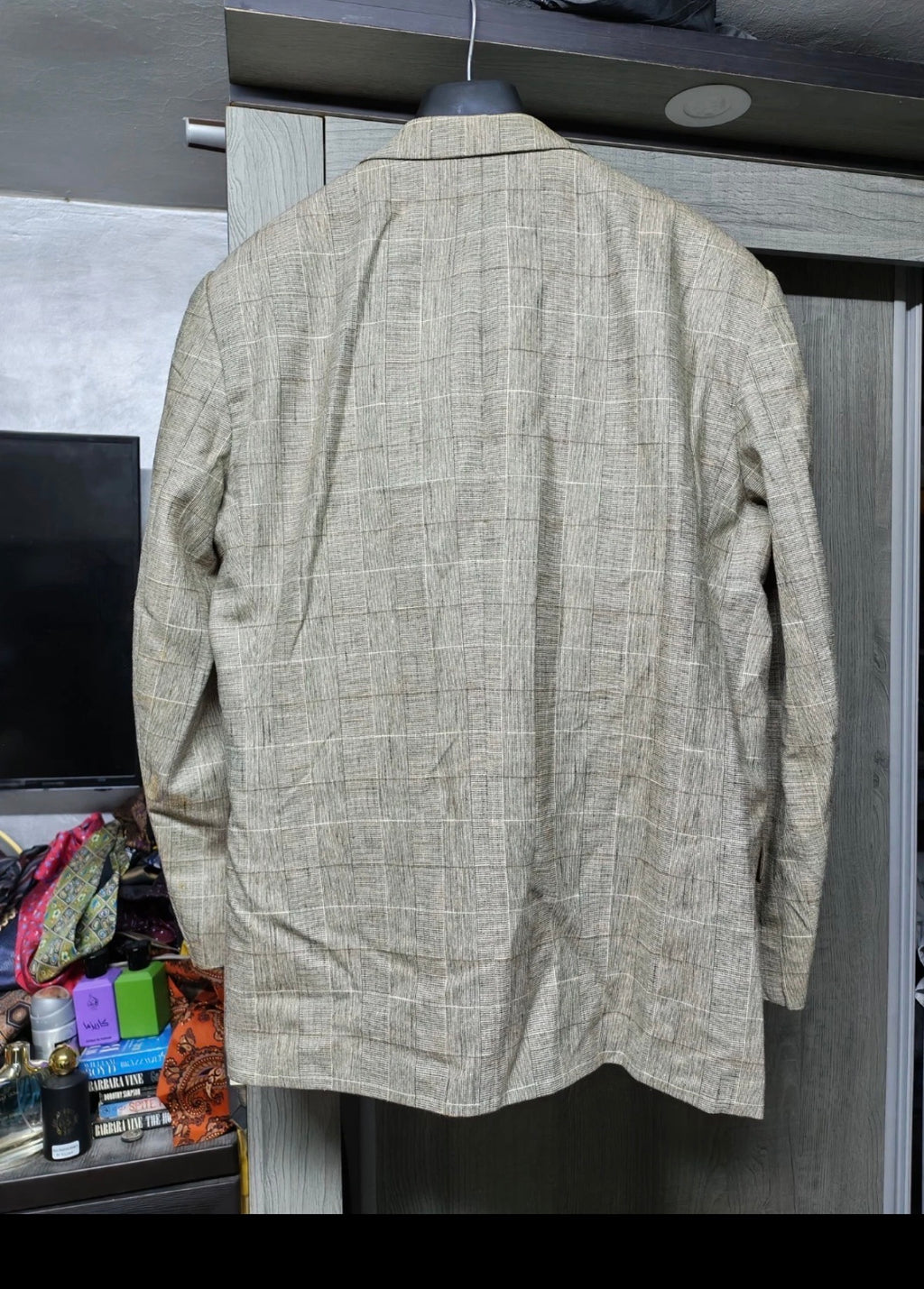 Vintage wool silk cotton linen Windowpane beige brown classic suit 44R
