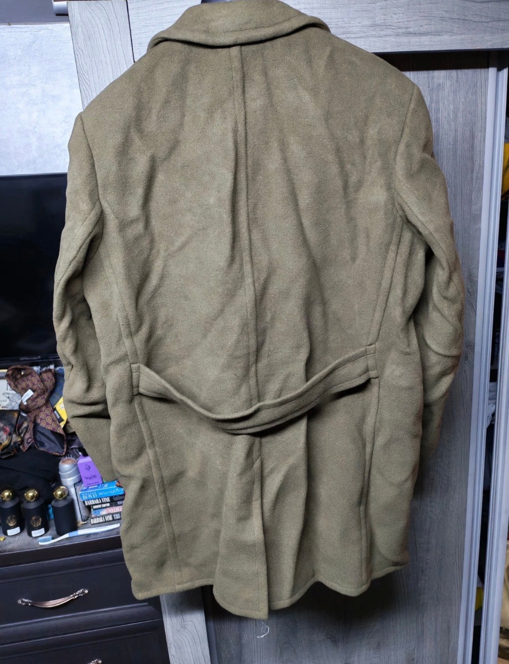 1970s Vintage Pure woollen Wool double breasted belted green over coat 48R XL