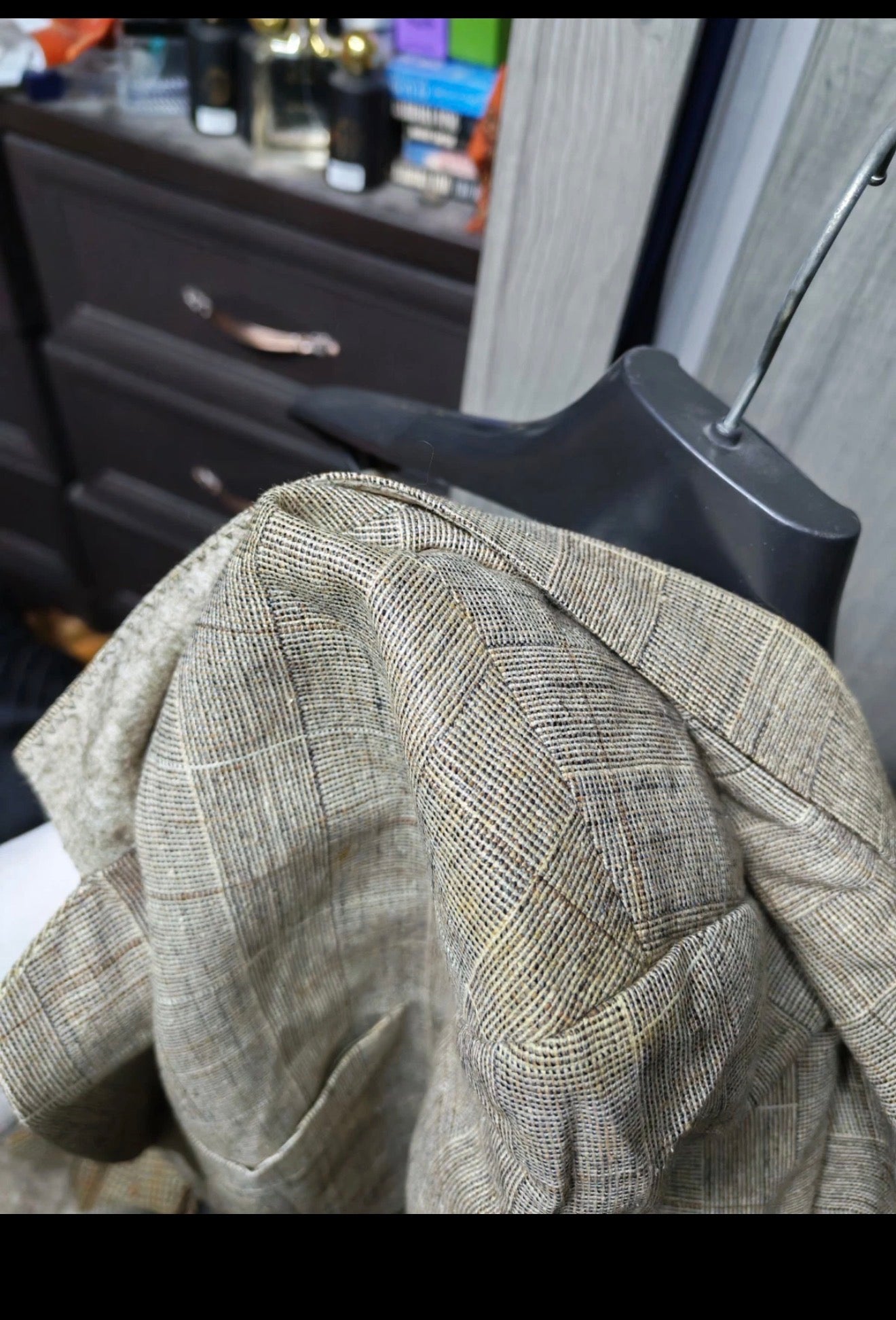 Vintage wool silk cotton linen Windowpane beige brown classic suit 44R