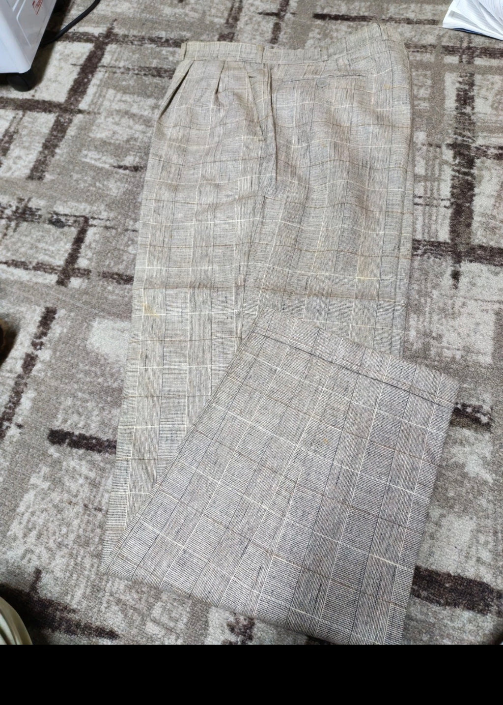 Vintage wool silk cotton linen Windowpane beige brown classic suit 44R