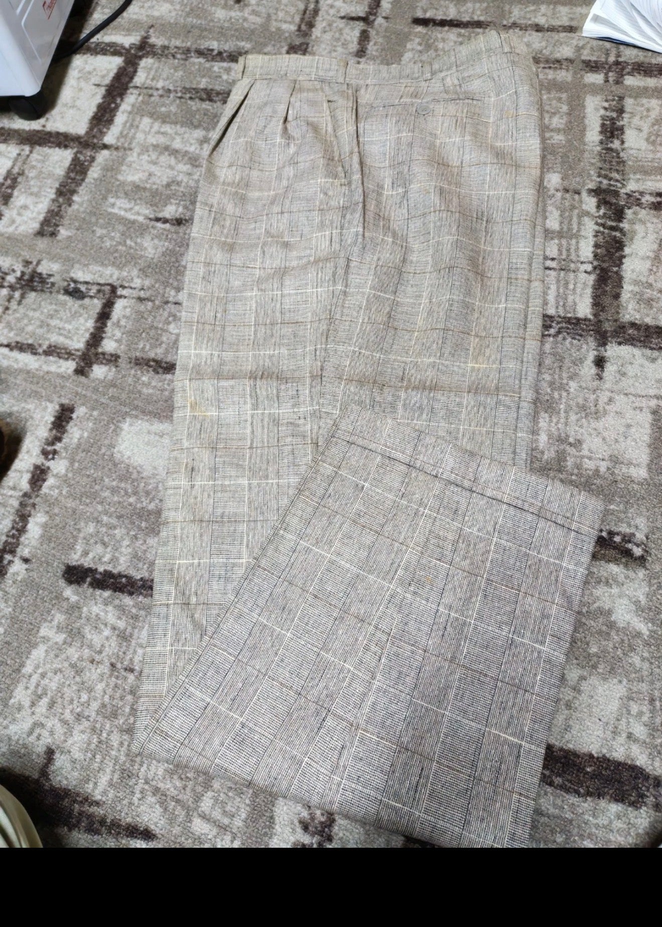 Vintage wool silk cotton linen Windowpane beige brown classic suit 44R