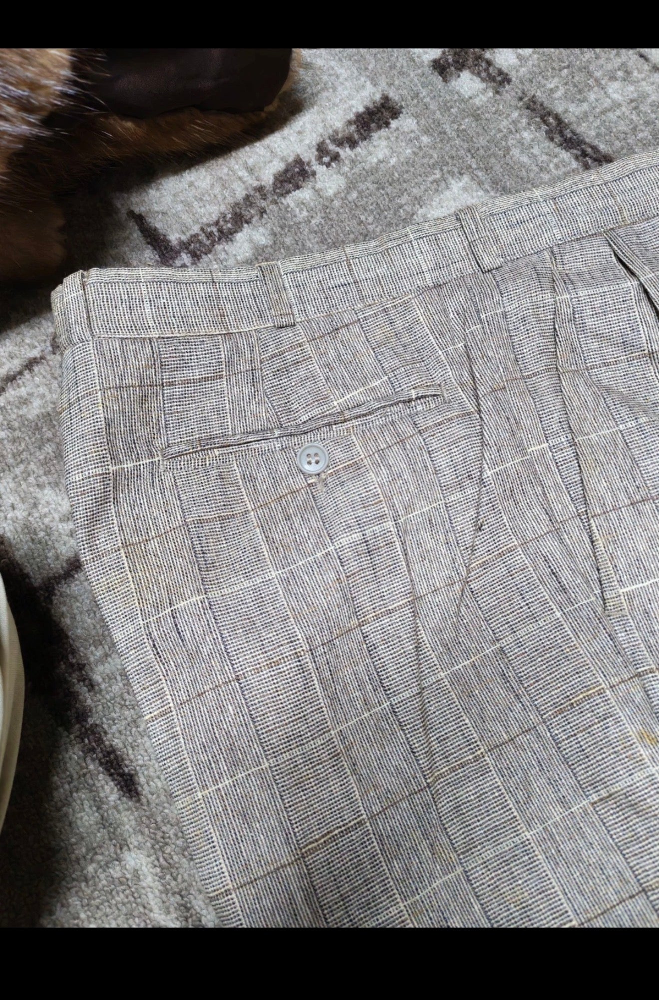 Vintage wool silk cotton linen Windowpane beige brown classic suit 44R
