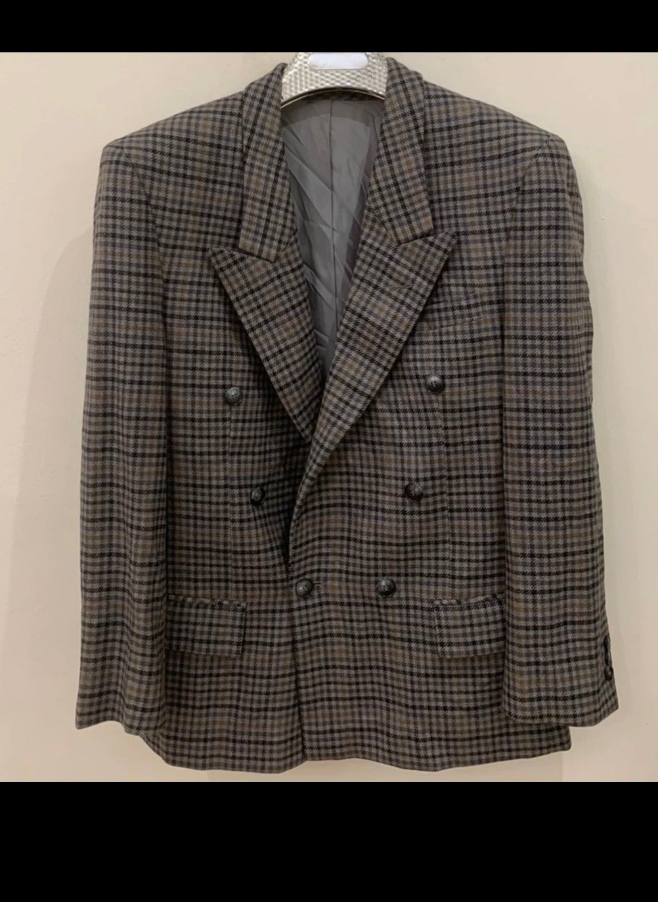 1970s vintage pure wool classic double breasted plaid jacket blazer 38R 38S