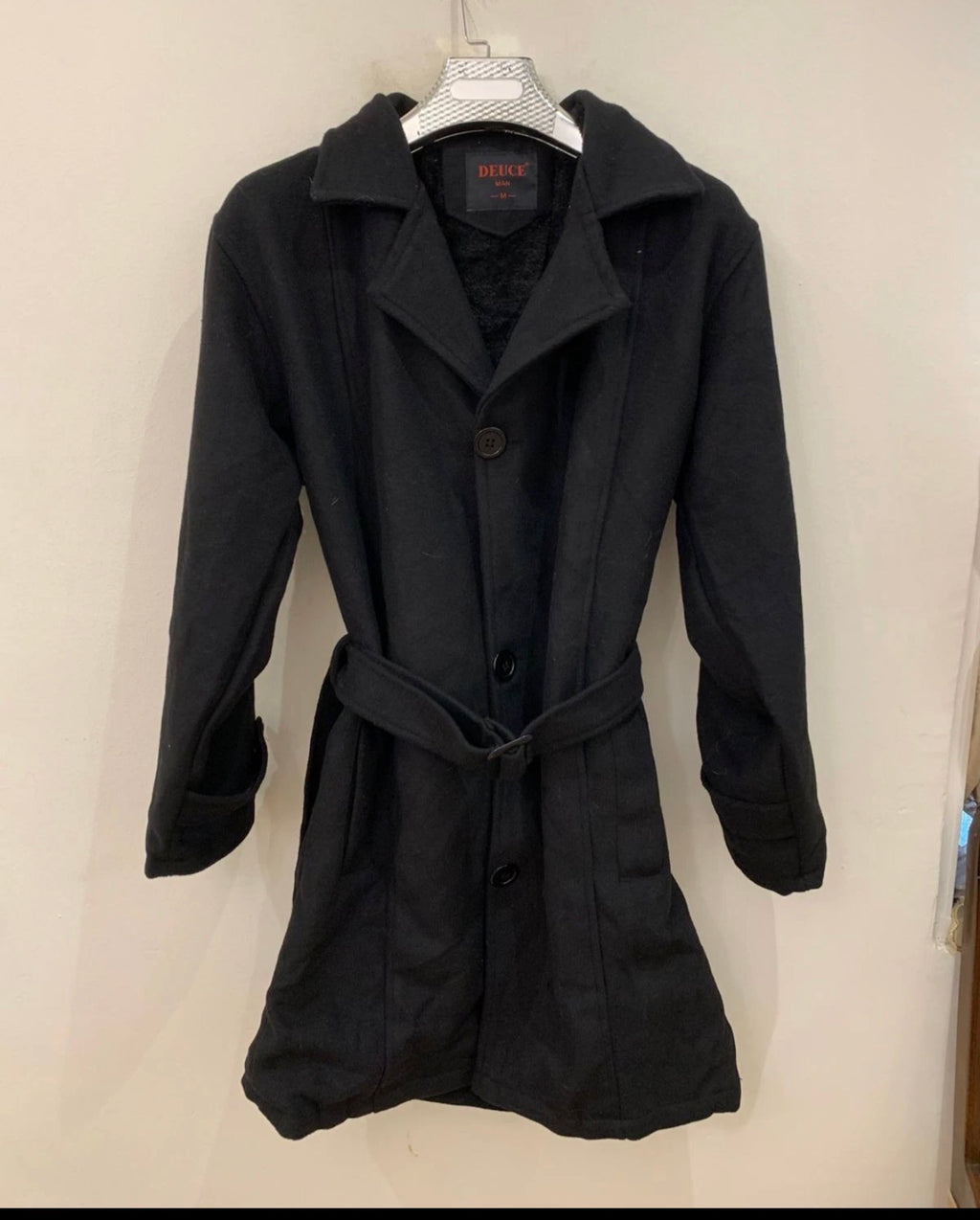 Classic style wool blend belted black top over coat 44R