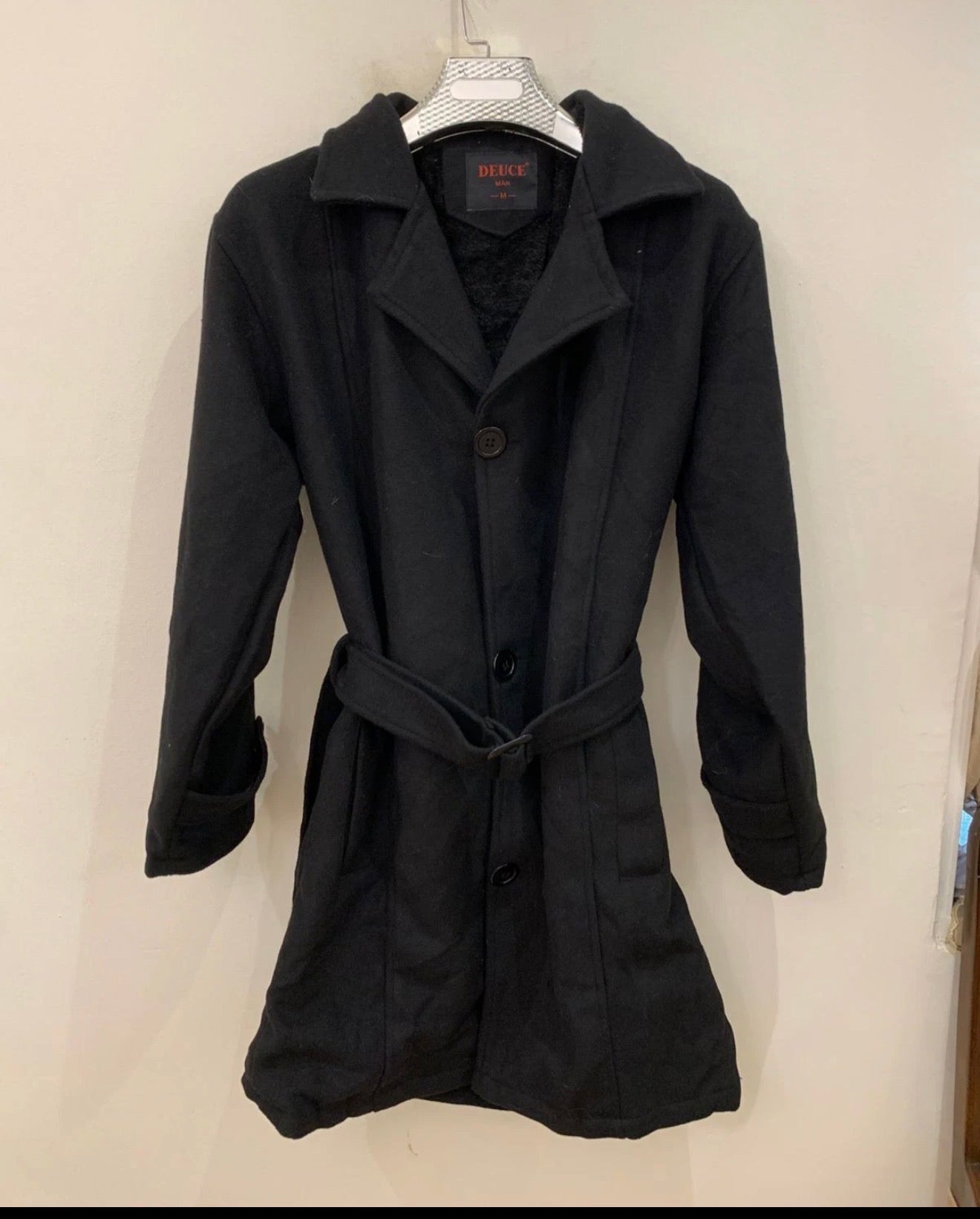 Classic style wool blend belted black top over coat 44R