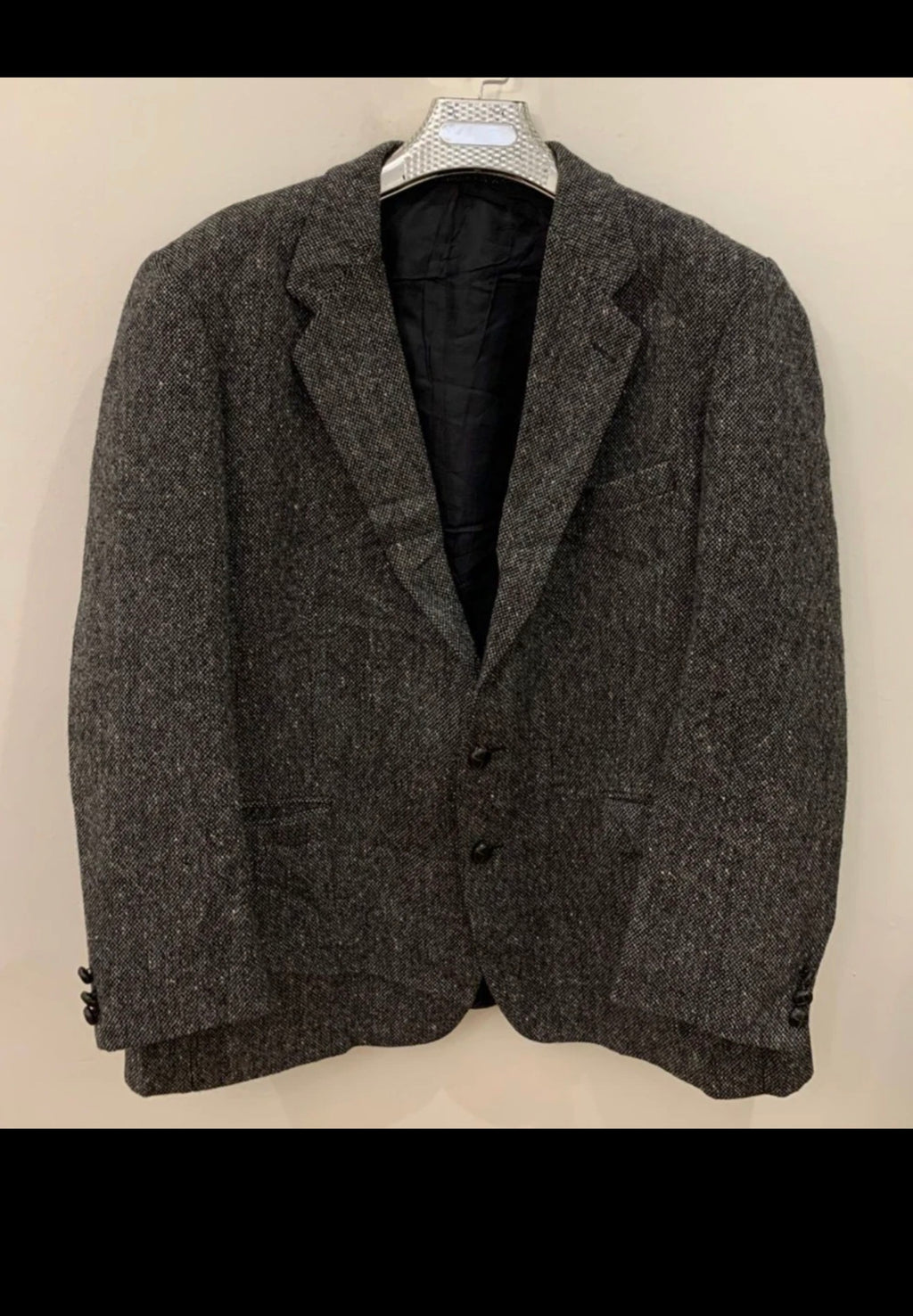 Vintage pure wool handwoven Donegal tweed classic charcoal jacket blazer 44R