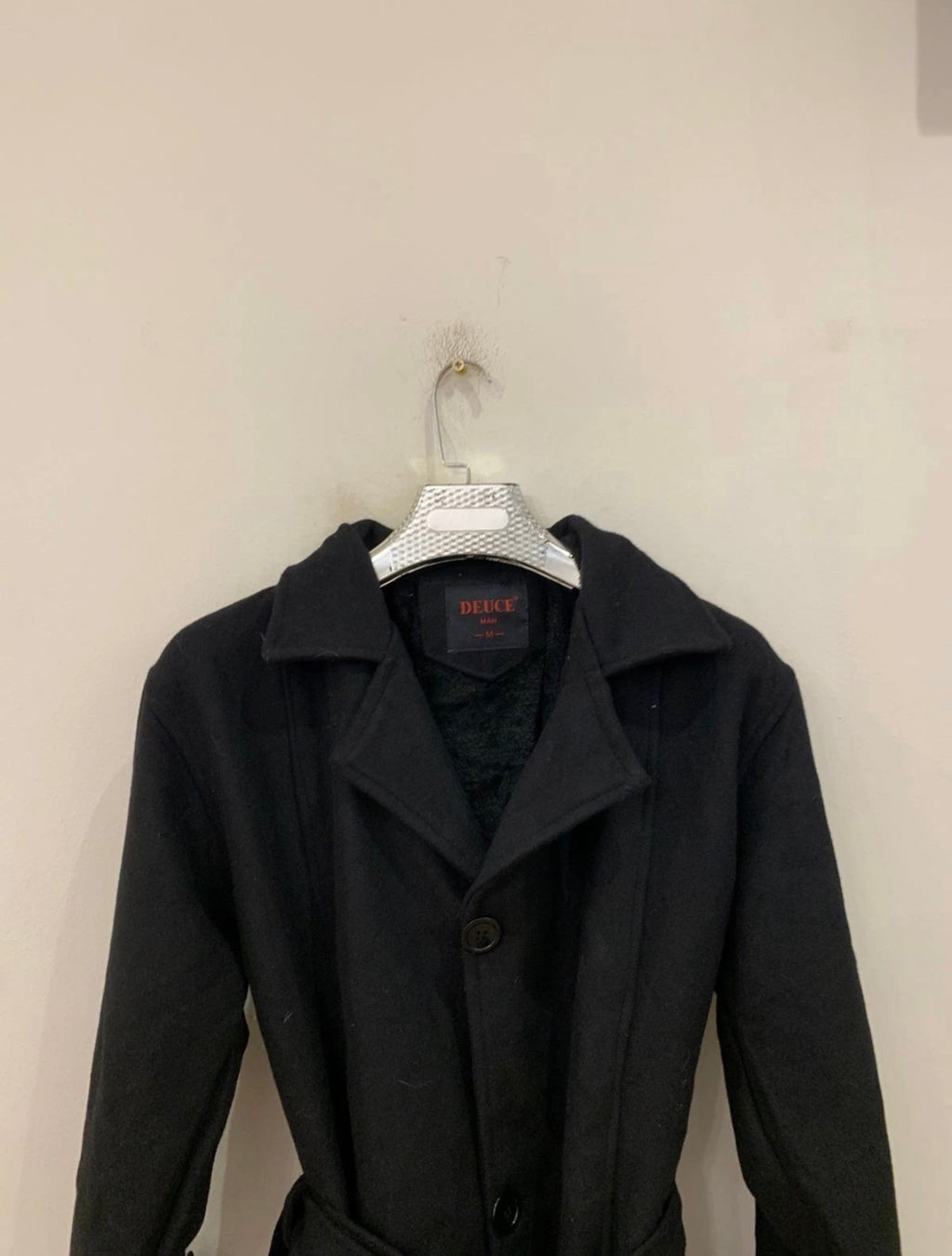 Classic style wool blend belted black top over coat 44R