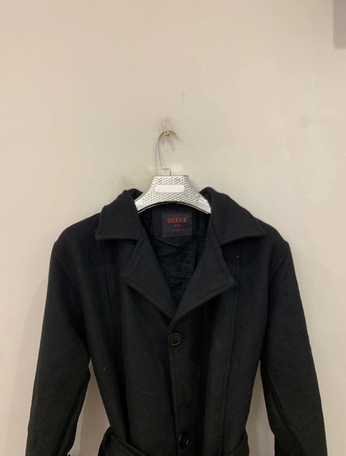 Classic style wool blend belted black top over coat 44R