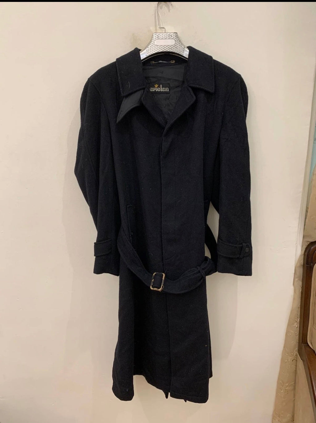 Vintage woollen wool belted black classic long over coat 44R