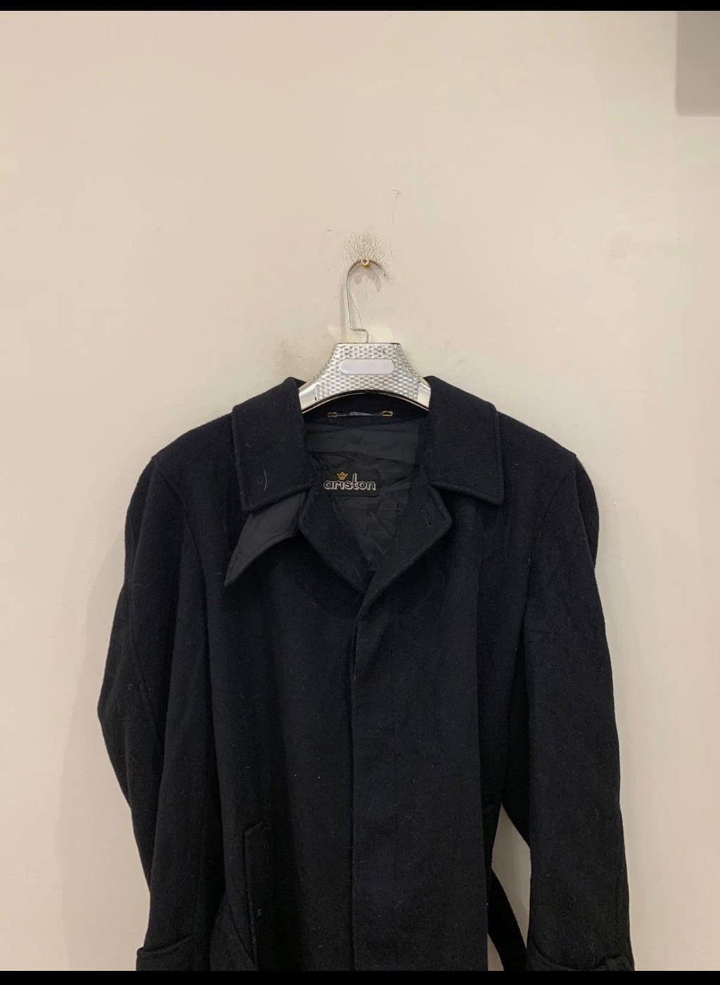 Vintage woollen wool belted black classic long over coat 44R