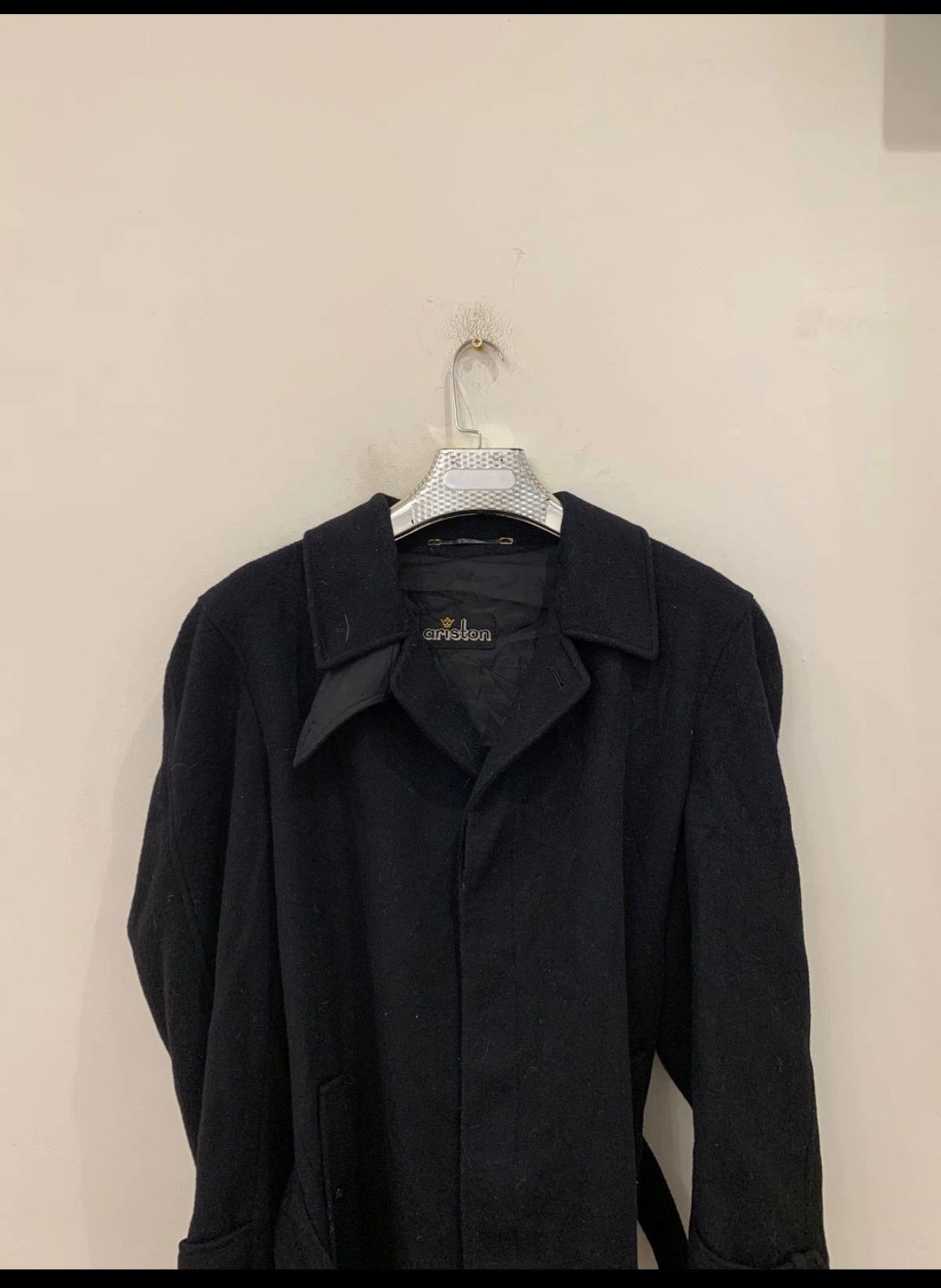 Vintage woollen wool belted black classic long over coat 44R