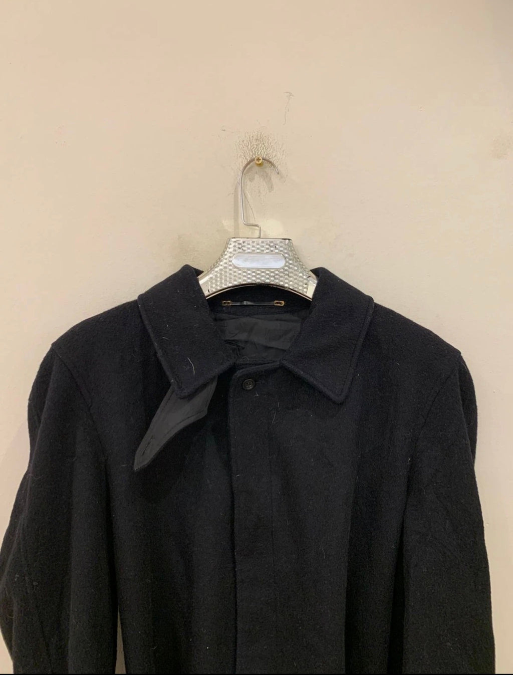Vintage woollen wool belted black classic long over coat 44R