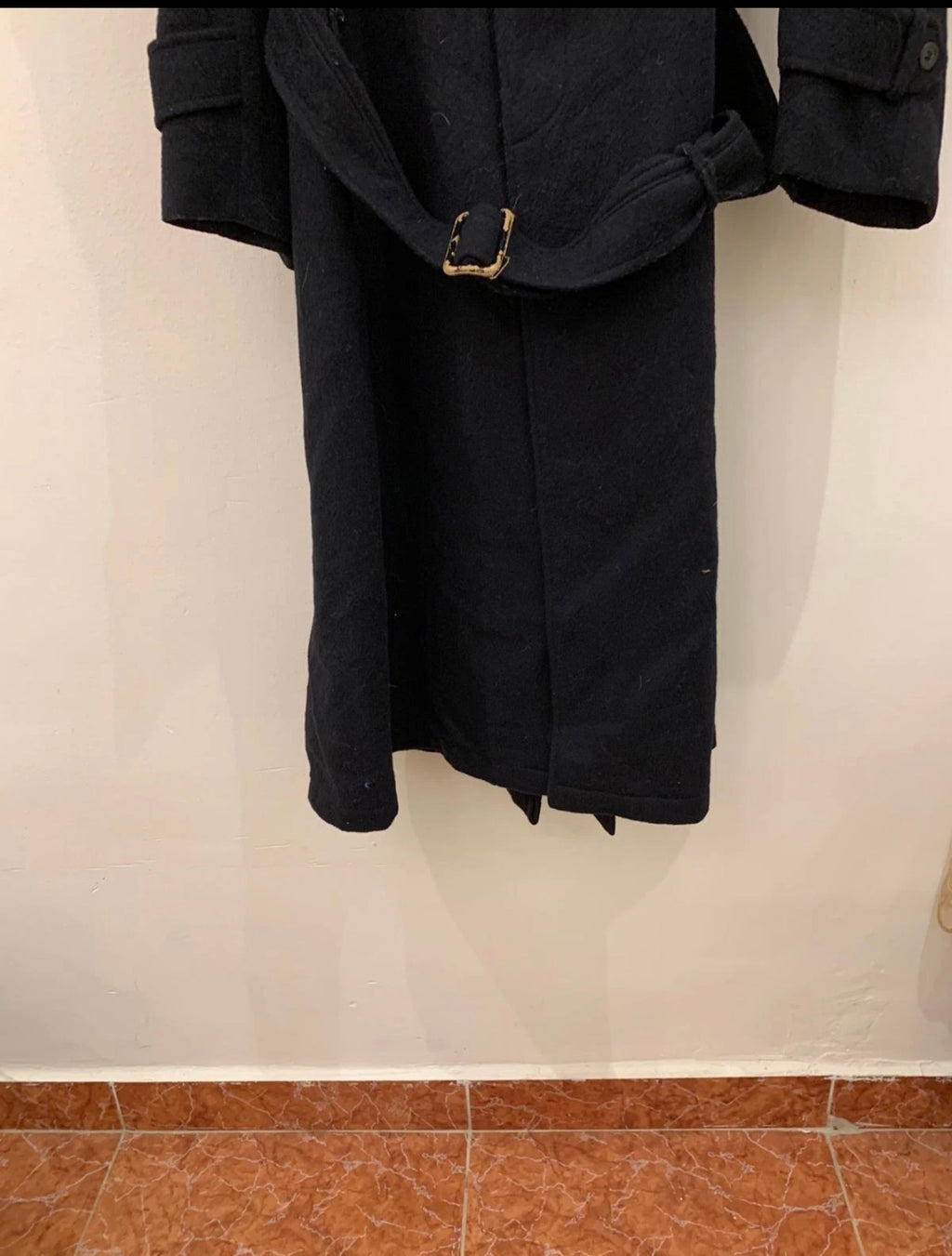 Vintage woollen wool belted black classic long over coat 44R