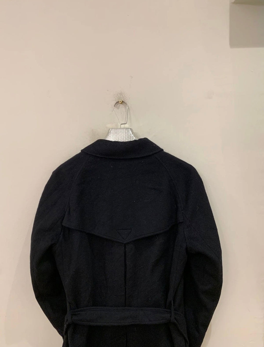 Vintage woollen wool belted black classic long over coat 44R