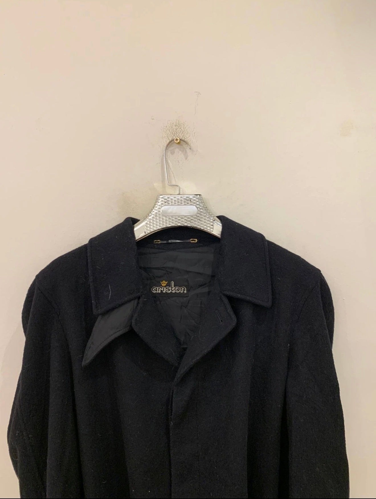 Vintage woollen wool belted black classic long over coat 44R