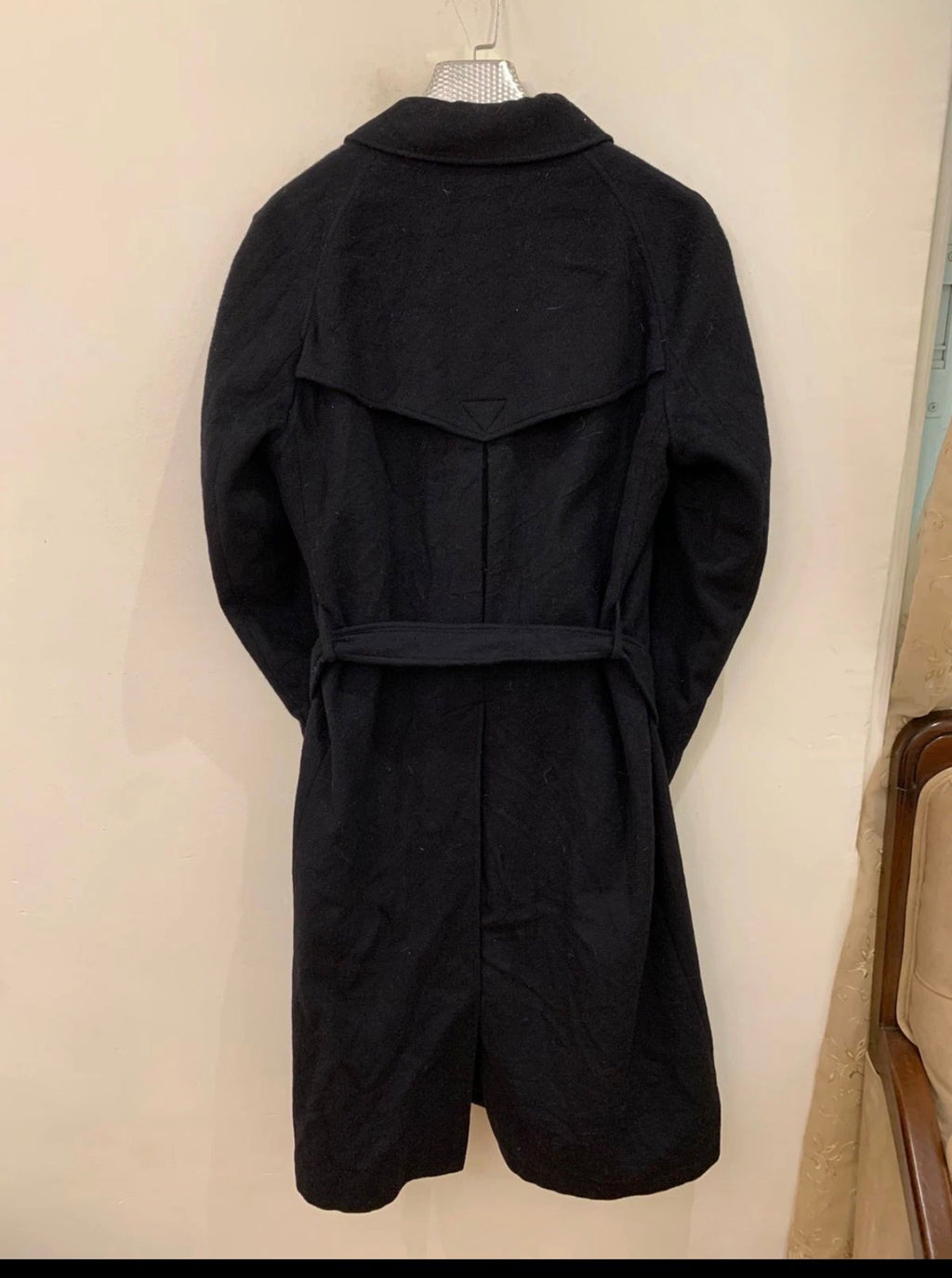 Vintage woollen wool belted black classic long over coat 44R