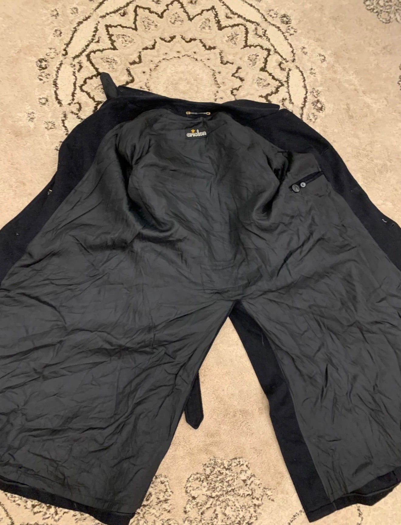 Vintage woollen wool belted black classic long over coat 44R