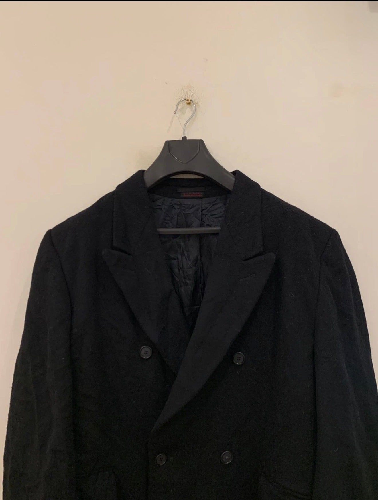 Vintage woollen wool double breasted gangster black long over coat 46L XL