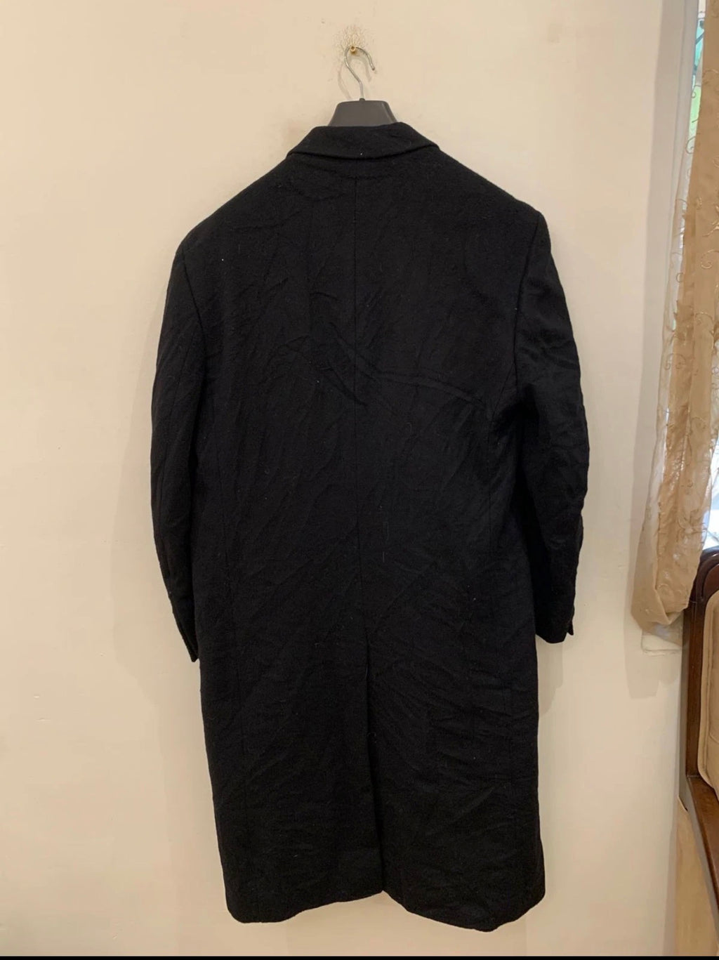 Vintage woollen wool double breasted gangster black long over coat 46L XL
