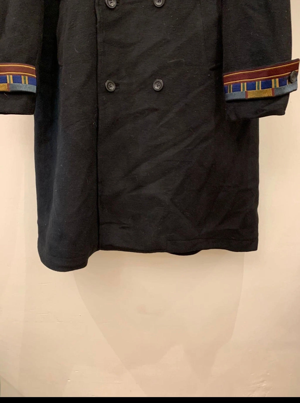 Classic style wool blend double breasted belted black over coat 44R 44L