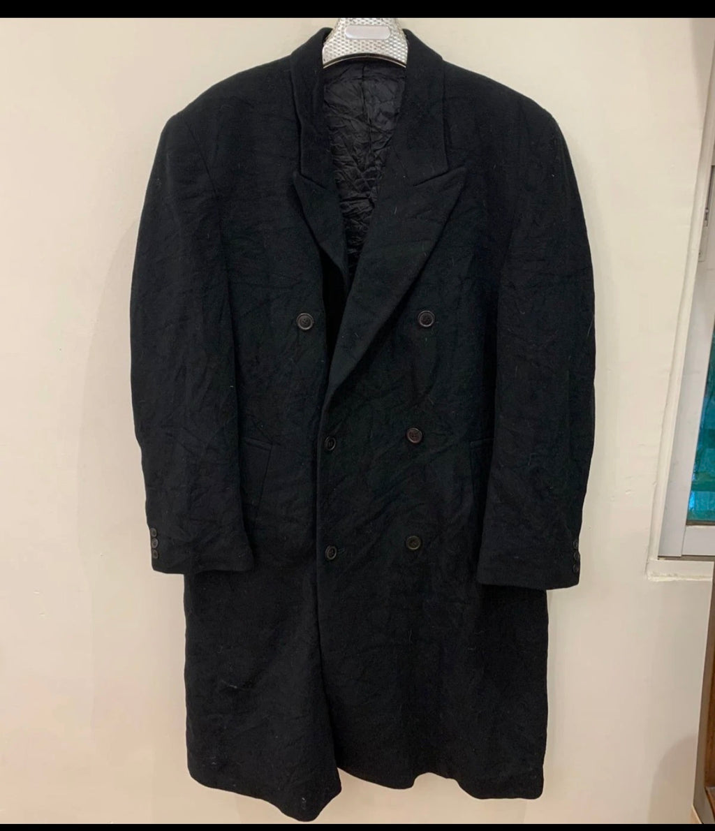 Vintage wool Cashmere blend double breasted gangster black over coat 46R 46L XL