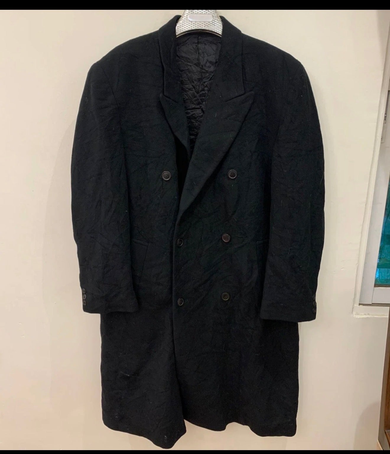 Vintage wool Cashmere blend double breasted gangster black over coat 46R 46L XL