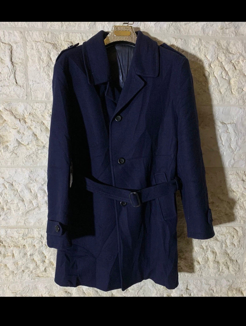 1970s Vintage pure woollen wool classic belted navy over coat 42R 42L