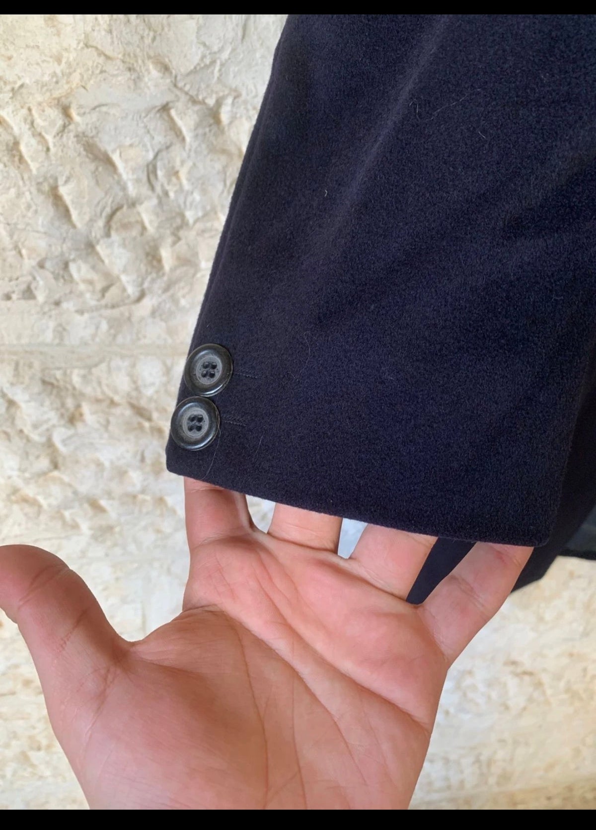 1970s Vintage Wool Cashmere classic navy Peak Lapel over coat 44R 44L