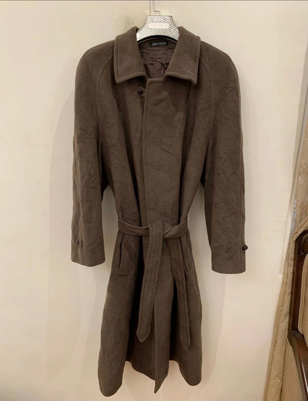 Vintage woollen wool classic belted brown raglan over coat 48R XL