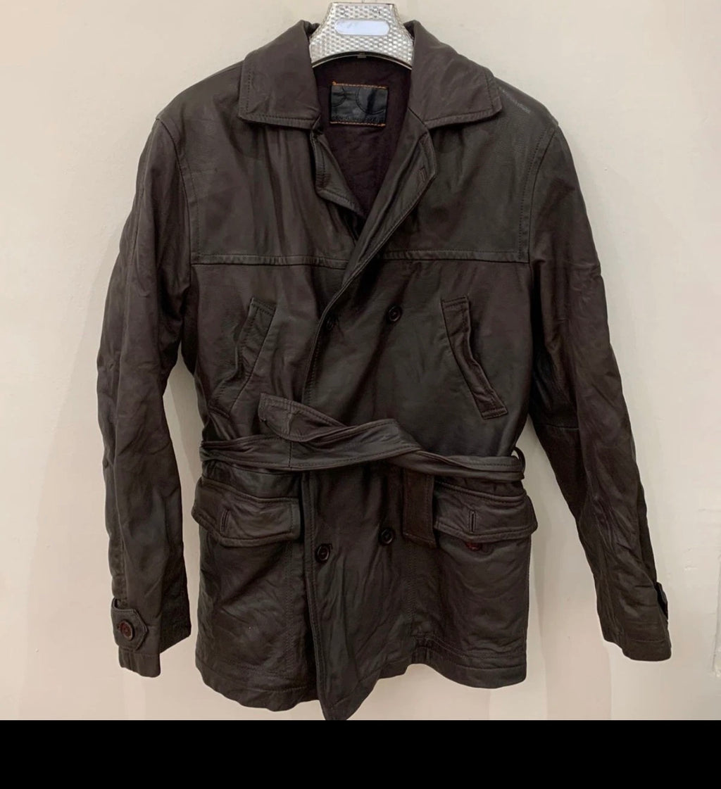 Real Genuine Leather double breasted classic belted brown jacket sweater 40R M