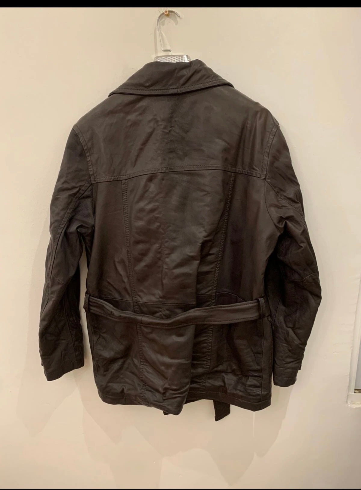 Real Genuine Leather double breasted classic belted brown jacket sweater 40R M